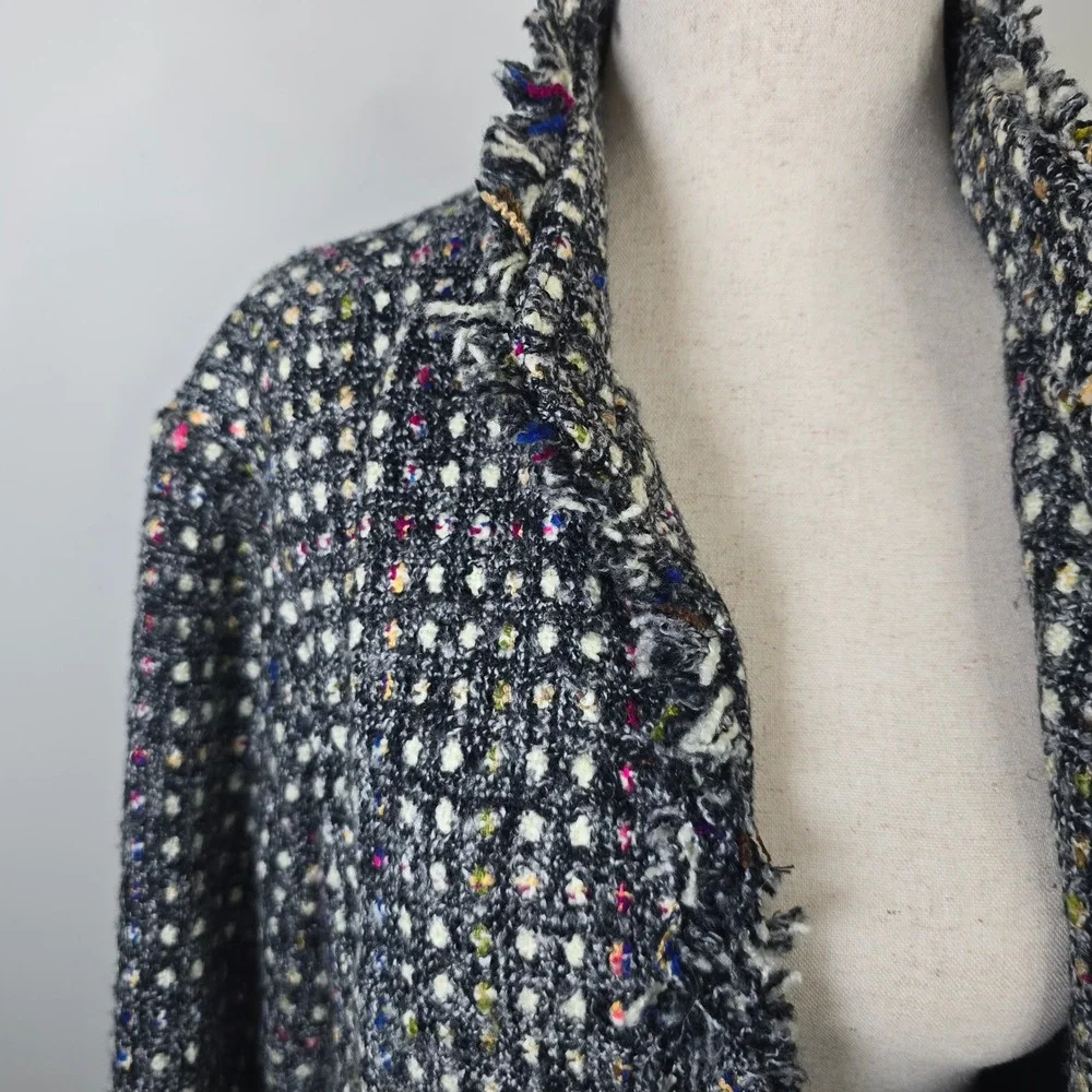 Chico's Women Size 2 Black Multi Color Tweed Fringe Open Front Blazer Jacket - Picture 4 of 5